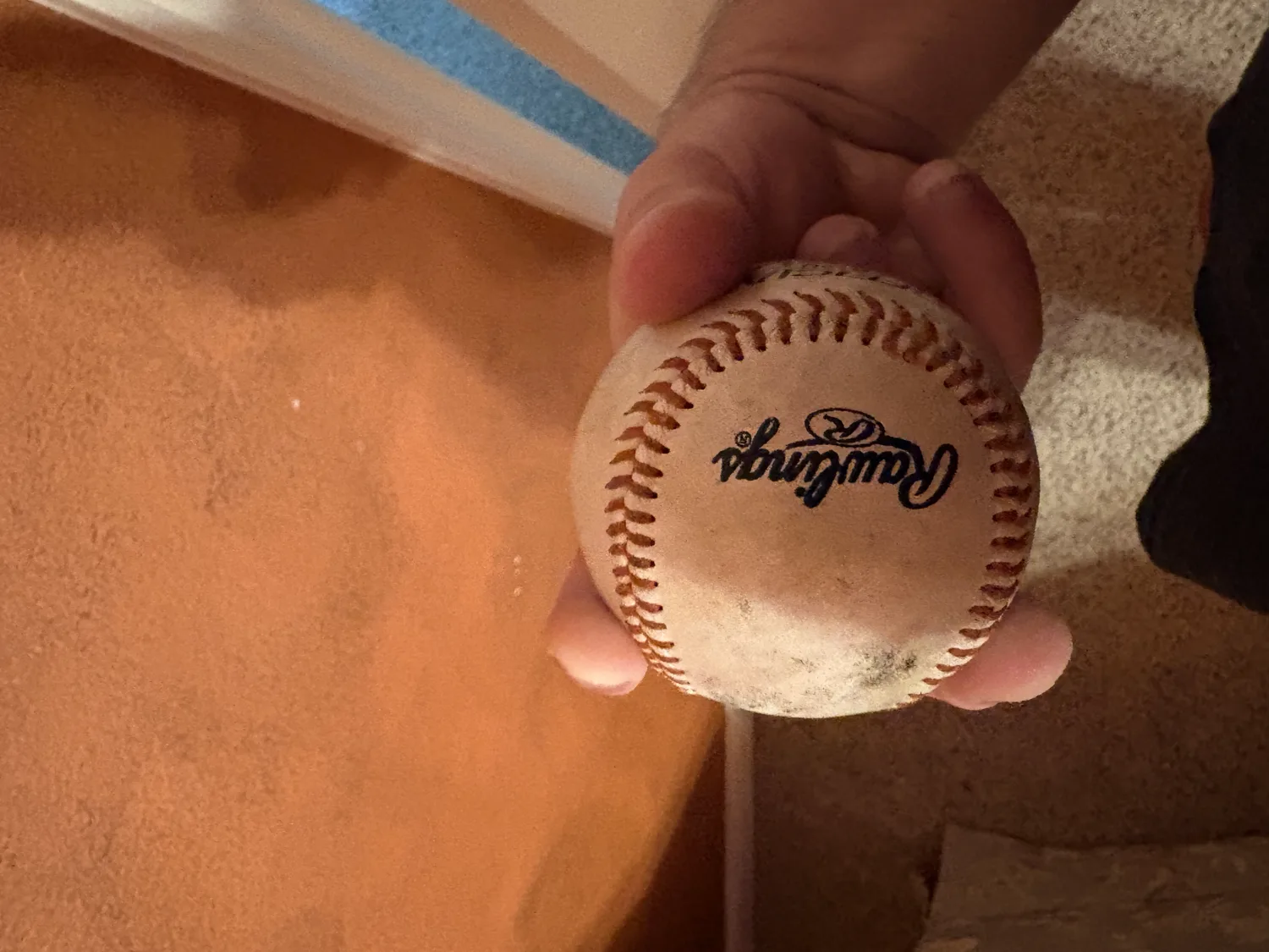 A top view of a split-finger fastball grip, two fingers spread apart over the ball.